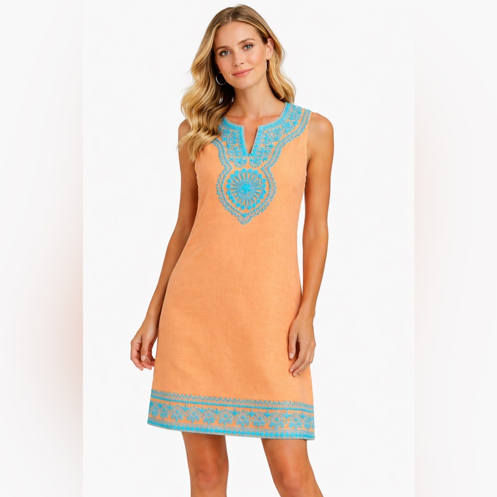Embroidered Orange Midi Tank Dress with Turquoise Detail Linen Size 4 Small